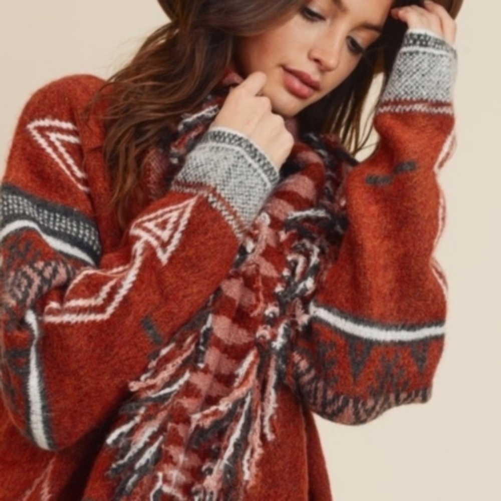 Cozy Cinnamon Red Tribal Print Fringe Open Front Cardigan - Picture 2 of 10